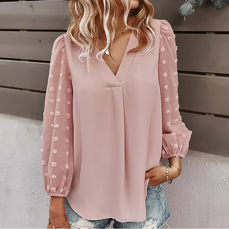 Babysbule Womens Tops Clearance Women's Fashion Summer Solid Color V-Neck  Long Sleeve Chiffon TopS