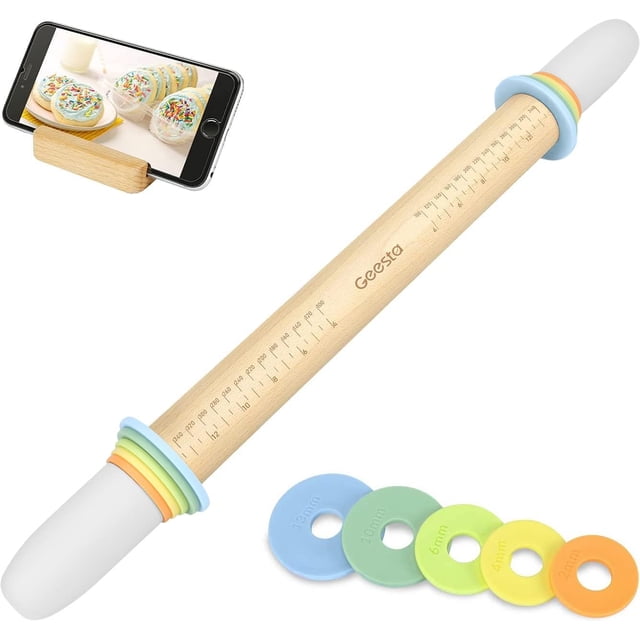Geesta Adjustable Wood Rolling Pin with 5 Thickness Rings, Precise Dough Roller Handle Press Design with Measurement Guide for Baking Fondant, Pie Crust, Cookie, Pastry - Baking Essential