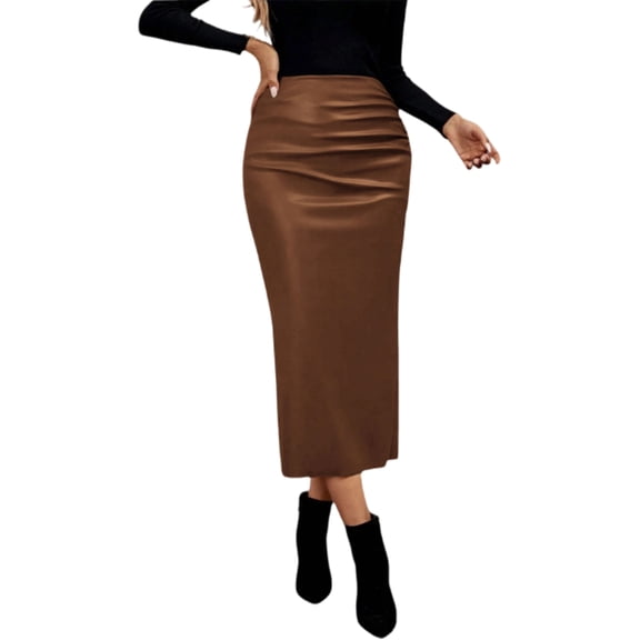 LWavelet Satin Ruched Pencil Midi Skirt Women Elegant Evening Party Stylish Versatile Bottoms Brown L