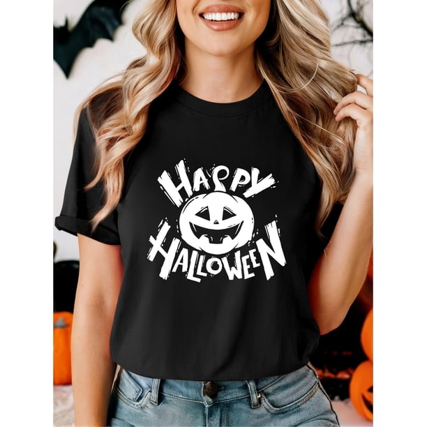 Women's Halloween T-Shirt - Happy Halloween Pumpkin Face Print Tee, Stretchy Breathable Fabric Casual Party Shirt for Halloween Costumes, Casual Attire, Festive Attire, Round Neck Top, Comfortable Fi