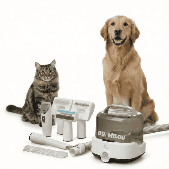 Dr. Milou CalmCare Cordless Pet Grooming Vacuum Kit, Low-Noise 5-in-1 Grooming & Vacuum System with Clippers & Brushes, 3 Suction Levels, for Dogs & Cats