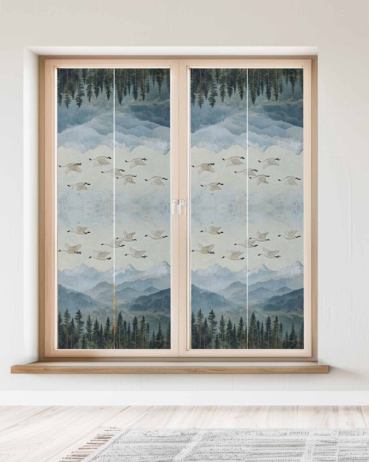 Window Privacy Film Watercolor Landscape Stained Glass Window Film Decorative Sun Block Window Cover Retro Geese Forest Mountain Window Clings Static Adhesive Sticker for Bathroom 23.6"x59"