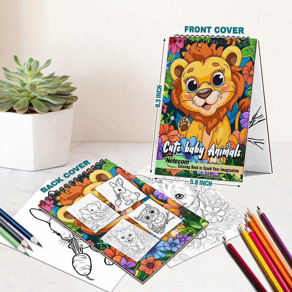 Netecom Cute Baby Animals Coloring Book Spiral Bound for Adults, A5 Wooden Cover, 30 Cuddly Coloring Pages of Forest Animal for Stress Relief and Relaxation, Spiral Bound Edition