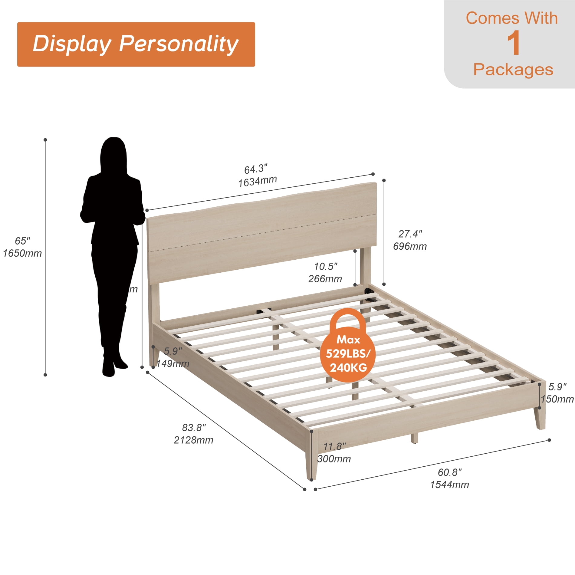 Queen Size Bed Frame with Minimalist Wave Headboard, Wooden Platform Bed Frame with Solid Wood Legs and Mid-Beam Support for Bedroom Furniture, Beige