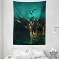 thumbnail image 1 of Fantasy Tapestry, Medieval Boats Magical Birds Flying Mystical Adventure Illustration, Wall Hanging for Bedroom Living Room Dorm Decor, 60W X 80L Inches, Teal Dark Teal Sand Brown, by Ambesonne, 1 of 2