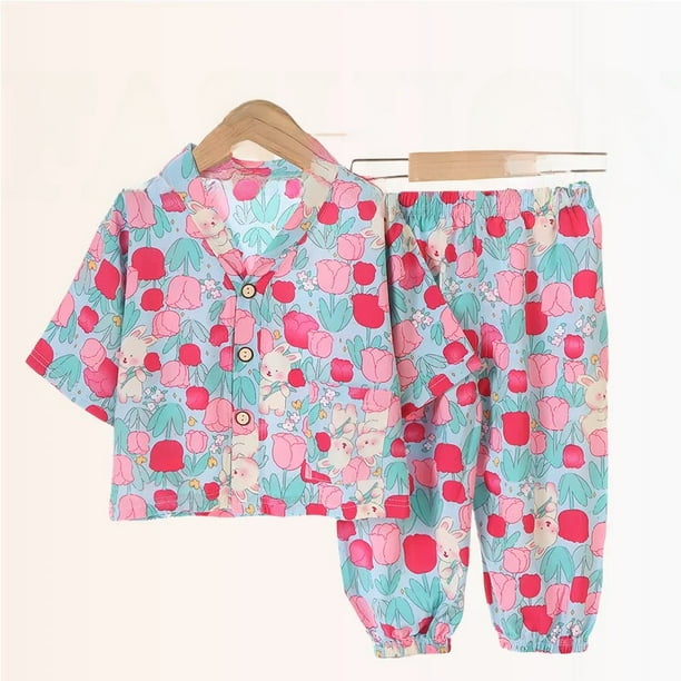 Conjunto de pijamas de seda para niños, traje de aire acondicionado de algodón Artificial de verano, ropa de hogar de seda de algodón para niños, conjunto de dos piezas para niños Cl