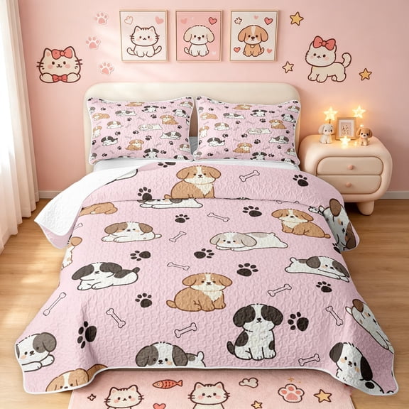Manfei Kawaii Dog Twin Quilt Set, Puppy Paw Print Twin Coverlet Set, Pink, 2pcs, 1 Bedspread and 1 Pillowcase