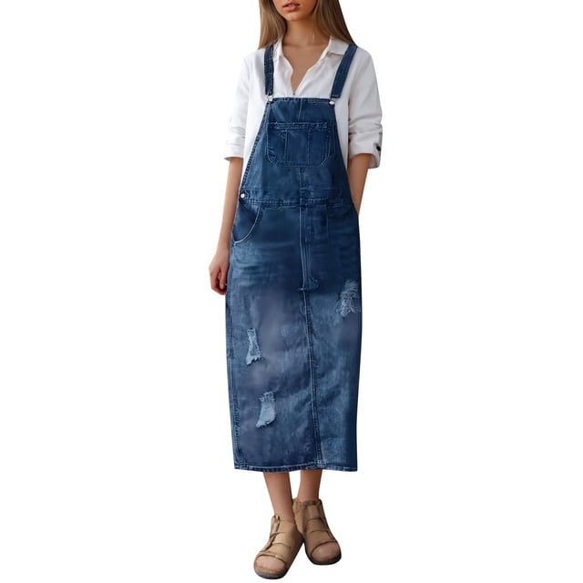 asddcavvf Robes pour Femmes Robe en Denim Déchirée à Bretelles Décontractée Dos Nu Jupe Salopette pour l'Été