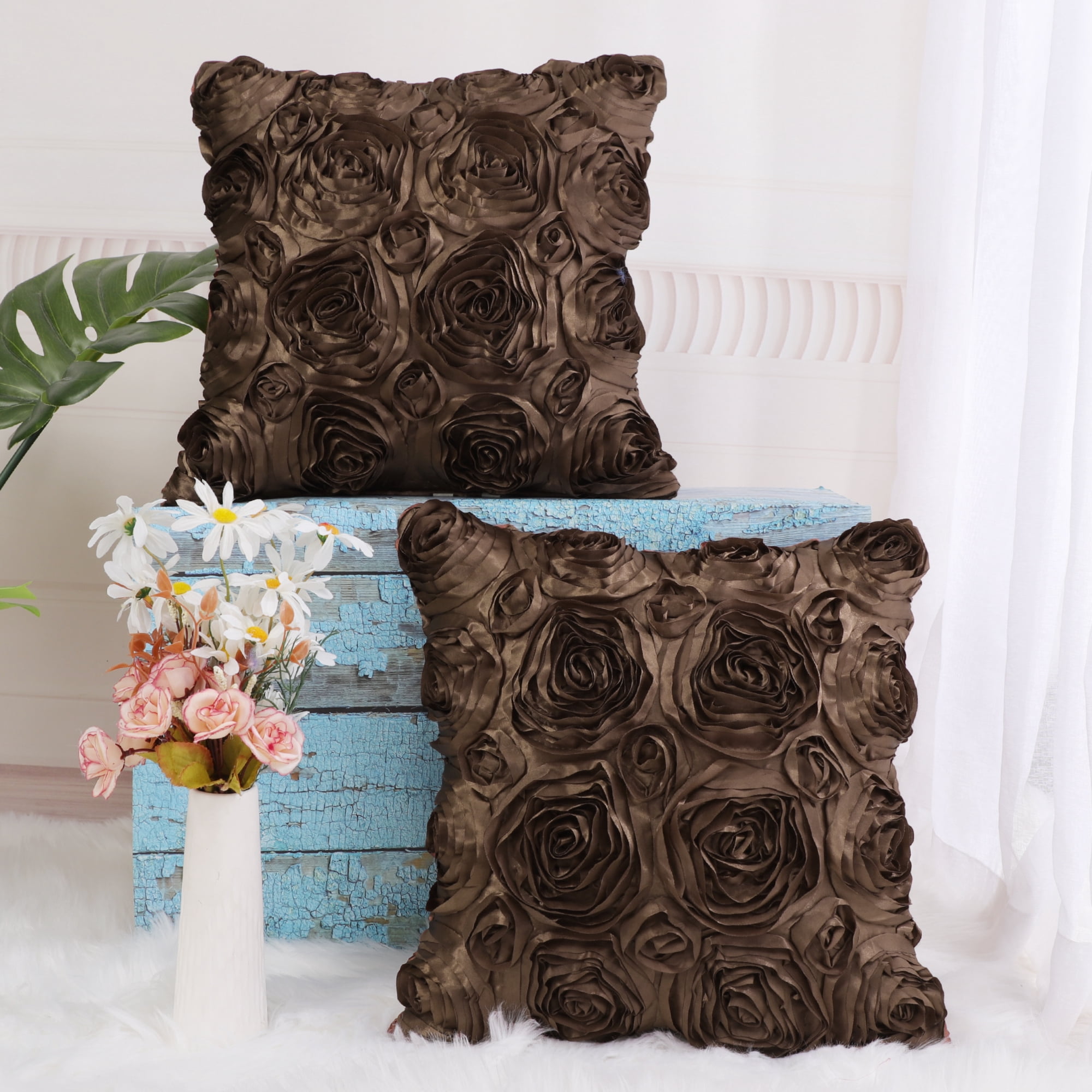 Unique Bargains 2-Pack 3D Flower Decorative Throw Pillow Covers 16" x 16" Coffee Color