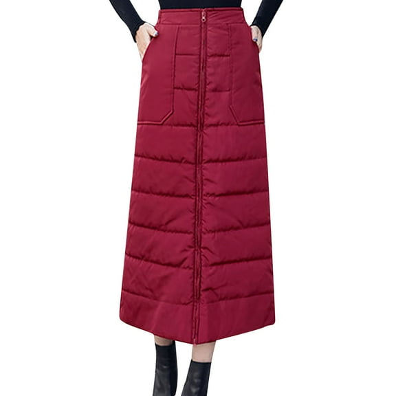 Arlun Women's Long Quilted Puffer Skirts Insulated Full Zipper Outdoor Warm Winter Maxi Dress Elastic High Waisted Solid Color Snow Skirts with Pockets 2025 Fashion Outfits Red XL