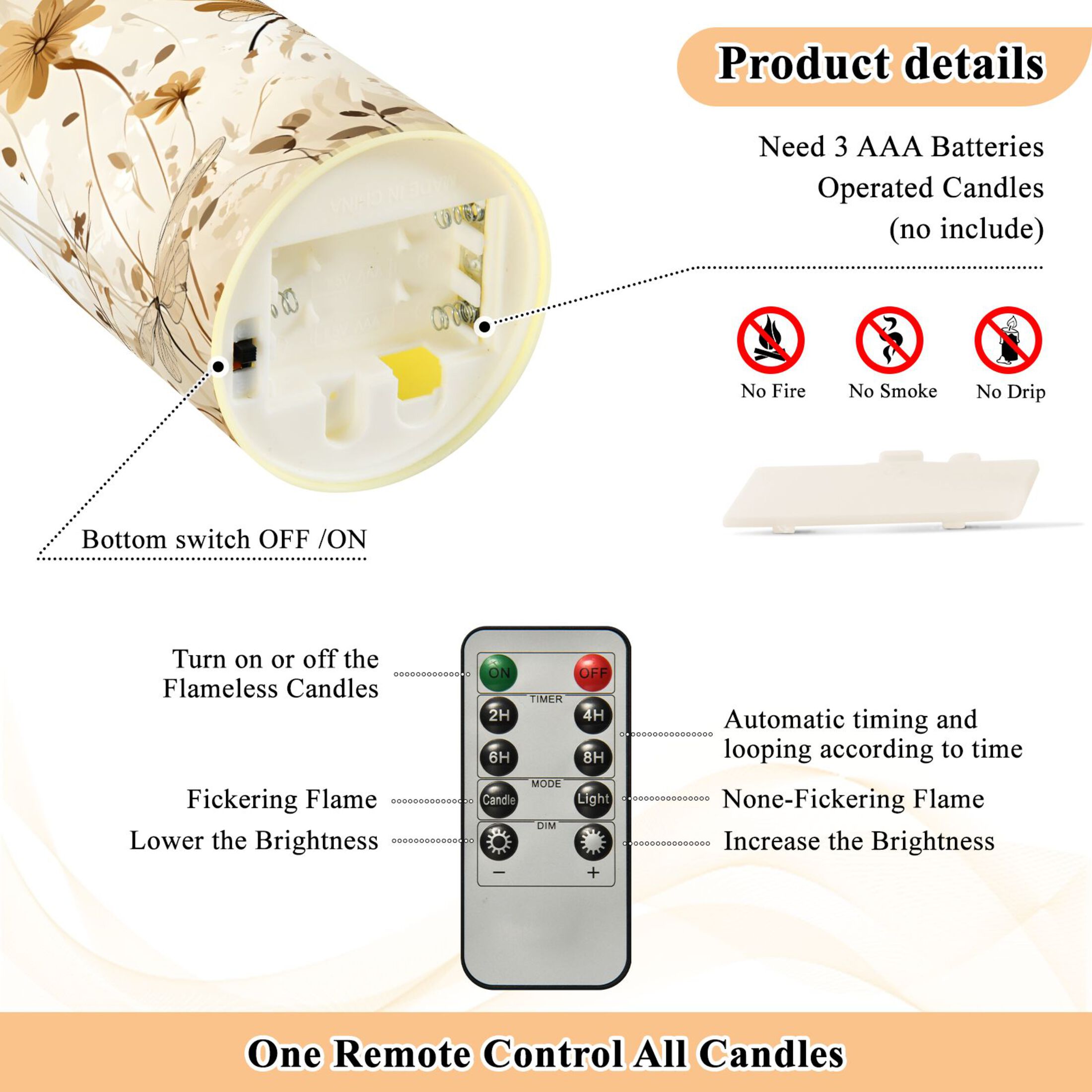 Dragonflies and Flowers Flameless Candles 2 PCS with Remote Realistic Moving Flame LED Tapered Pillar Set for Home Decor