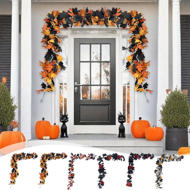 Guirnalda de Calabazas, Ratán y Hojas de Arce para Halloween | Decoración Otoñal de Plástico de 175 Cm | Decoración Festiva para Fiestas de Halloween | 1 Unidad