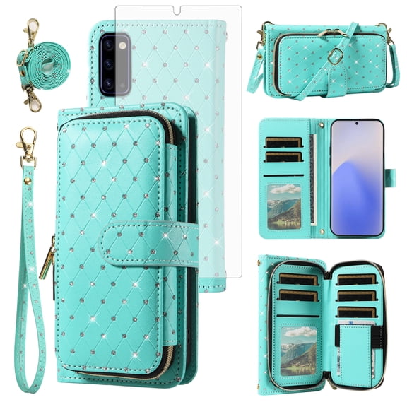 Asuwish Wallet Phone Case for Samsung Galaxy Note 20 5G Tempered Glass Screen Protector Bling Glitter Crossbody Lanyard Strap Flip Zipper Purse Card Holder Cell Cover Note20 Notes 20s Women Green
