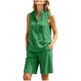 thumbnail image 5 of LEKWK 2 Piece Sets for Women Summer Sleeveless Stand Collar Button Tank Tops and Elastic Waist Shorts Loose Fit Solid Fashion Beach Vacation Casual Outfits, 5 of 9
