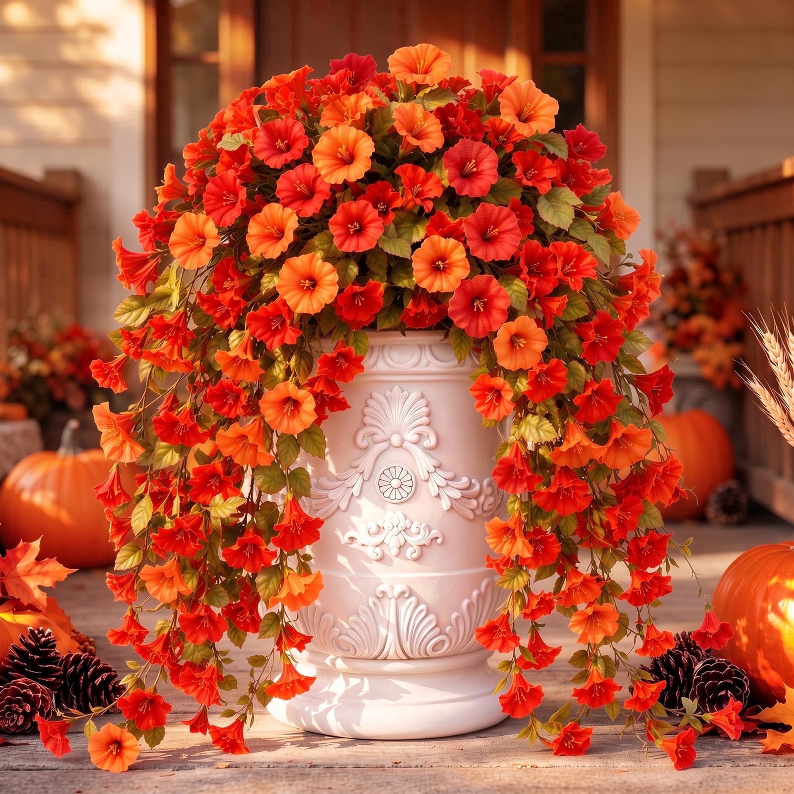 Lewondr Artificial Fall Fake Hanging Flowers for Outdoor Decoration, 2PCS Faux Morning Glories for Outside Indoor Home Porch Patio Yard Autumn Decor, UV Resistant Hanging Fake Flowers, Orange Red