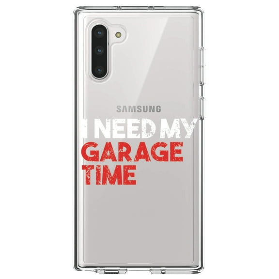 DistinctInk Clear Shockproof Hybrid Case for Samsung Galaxy Note 10 (6.3" Screen) - TPU Bumper Acrylic Back Tempered Glass Screen Protector - I Need My Garage Time
