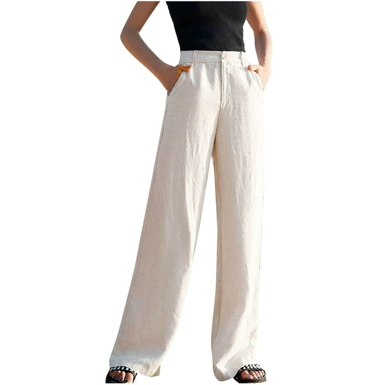 Solid Color Cotton Linen Wide Leg Pants for Women Buckle High