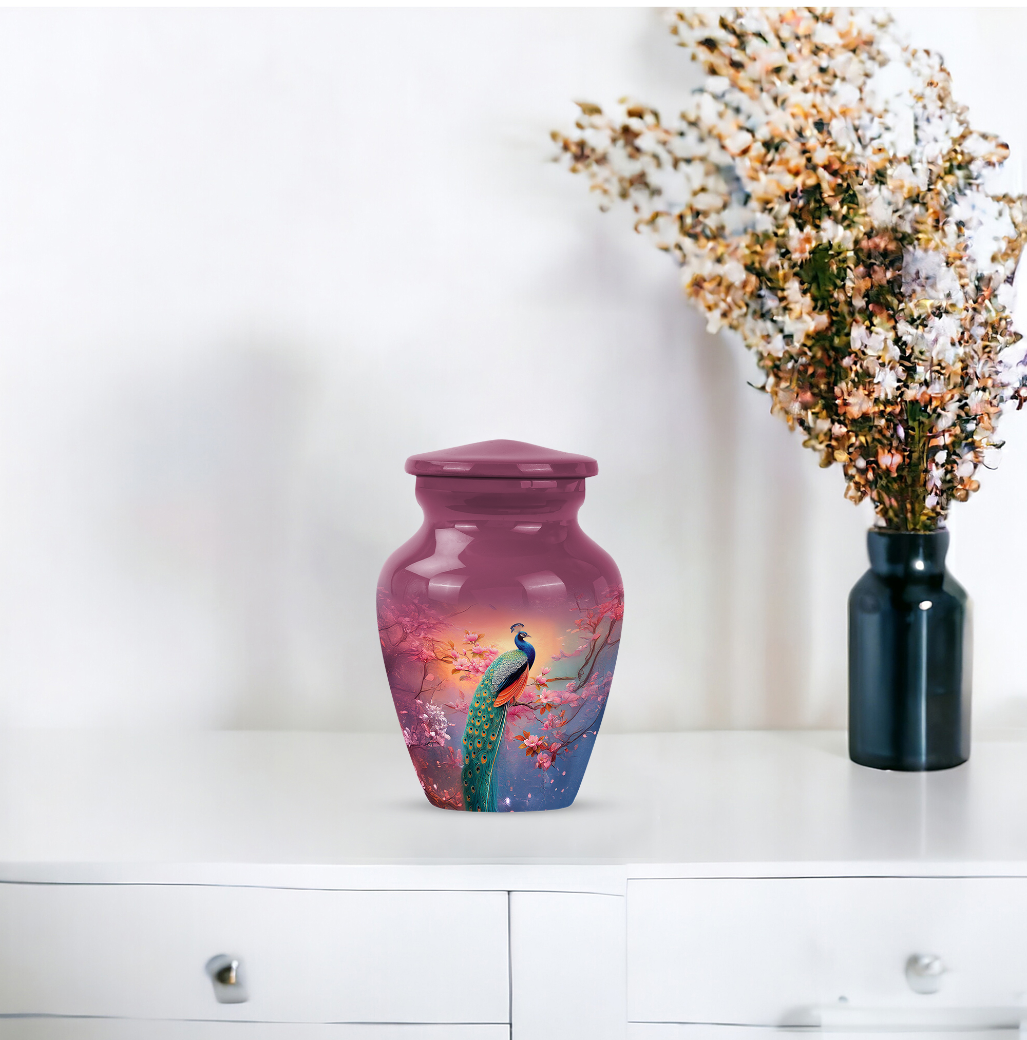 MUKTIVE Peacock Cremation Urn for Human Ashes Adult Mom & Dad, Funeral Keepsake Decorative Pink Flowers Urns for Ashes Male & Female Burial, Pink for Memorial Cremated Urns (3 Inch)