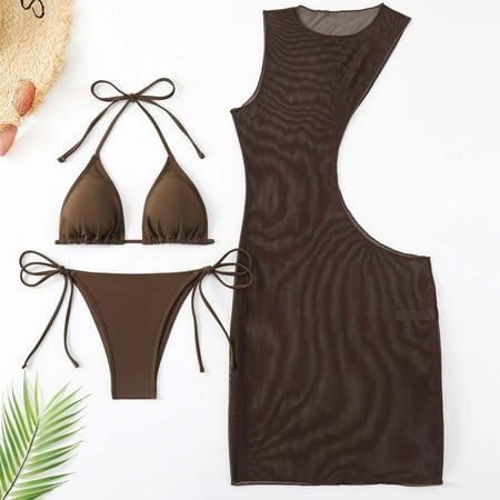 Rciityk Brown 3 Piece Swimsuits for Women Padded Solid String Tie Bikini Sets Bathing Suit Set Setxy Cut Out Crew Neck Slim Beach Cover Up - Summer Savings Clearance