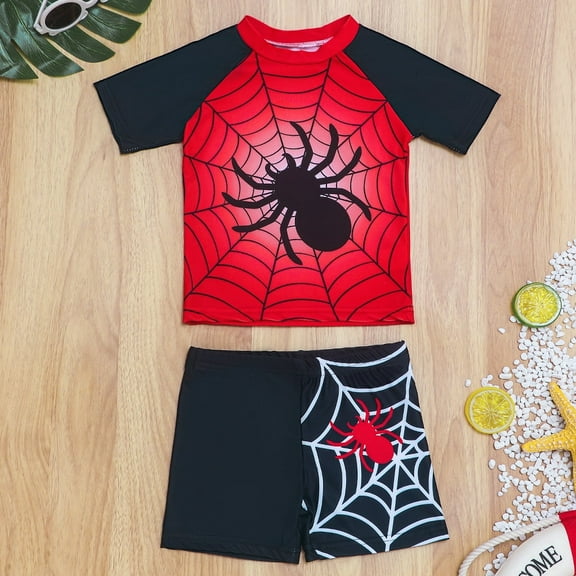 Baby Boys Swimwear Toddler Trunks Outfit Short Sleeve Swimsuit Two Pieces Swim Shirt Spider Print Bathing Suit