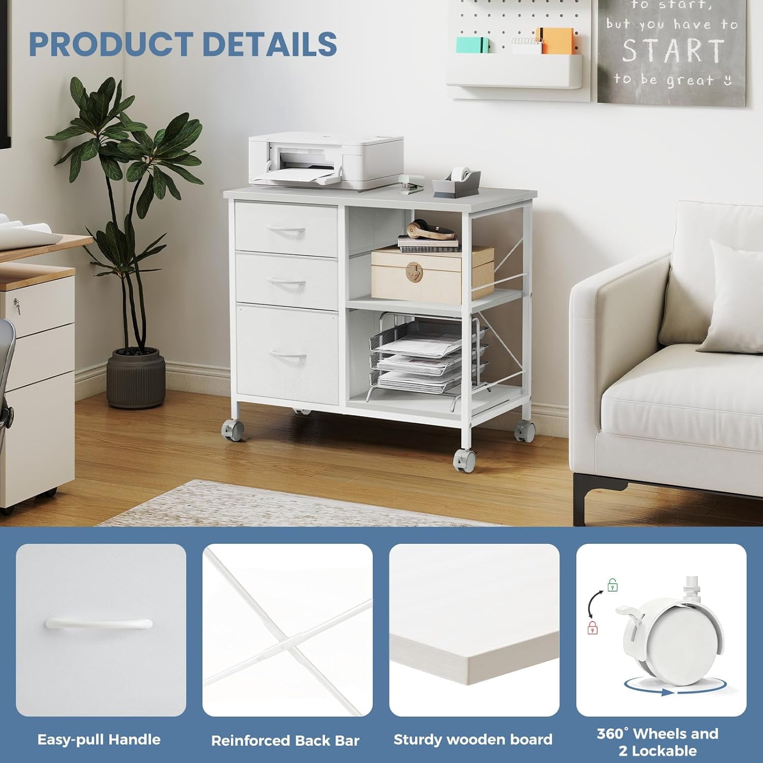 LIFERECORD 3-Drawer Cabinet with Wheels,Fabric Dresser with Wood Top and Shelves, Chest of Drawer Organizer Storage Cabinet, Bedside Table, White