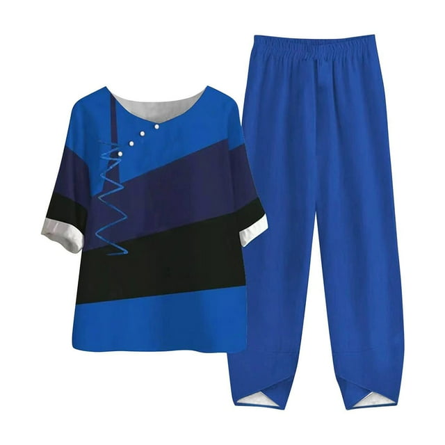 Mikilon Ensemble Élégant pour Femmes 2 Pcs Coton Lin Imprimé Manches 5/10 Col Rond + Pantalon Décontracté Ensemble Deux Pièces Mode et Confortable Manches Courtes Col Rond Ensemble Haut/chemise Bleu L