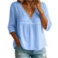 thumbnail image 2 of Women's Fashion Casual Three-Quarter Sleeve Lace V-Neck Pullover Shirt, Elegant Blouse, Spring Summer Top for Women,Light Blue,M, 2 of 5