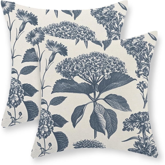 Blue Pillow Covers 18x18 Set of 2 Boho Floral Hydrangea Herbs Botanical Throw Pillow Cover Vintage Flower Outdoor Decoration Pillow Cases Linen Farmhouse Cushion Case Decor for Couch Sofa