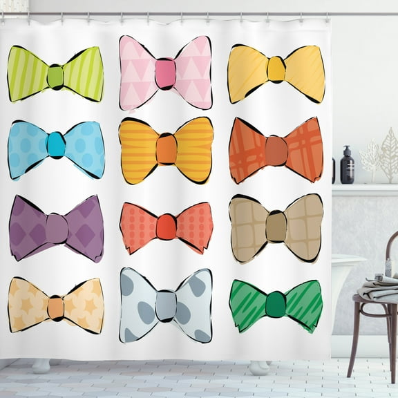 Geek Shower Curtain, Hipster Fashion Elements Theme Colorful Pattern of Bowties with Watercolor Effect, Fabric Bathroom Set with Hooks, 69W X 70L Inches, Multicolor, by Ambesonne