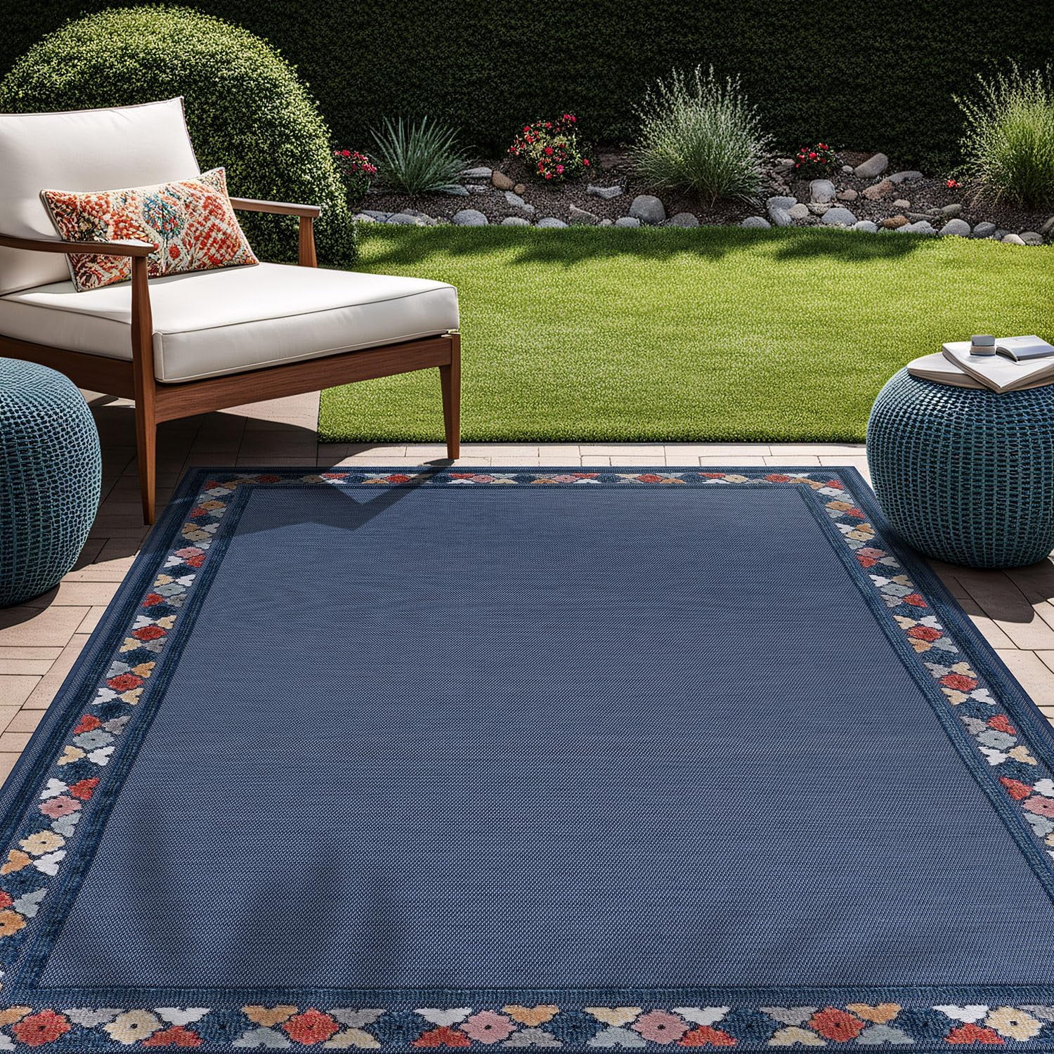 Beverly Rug Outdoor / Indoor Area Rugs Patio Porch Garden Carpet Bordered/Blue 8x10