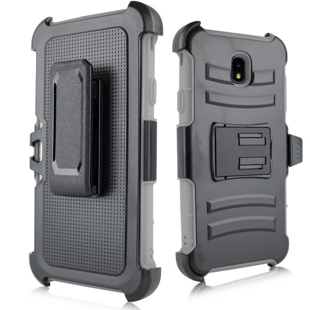 for 5.5" Samsung Galaxy J7 (2018) Belt Clip Holster Kickstands Hybrid Hard Back Slim Design Shockproof Heavy Duty Rubber Armor Bumper Protective TPU PC Combo Phone Case Gray