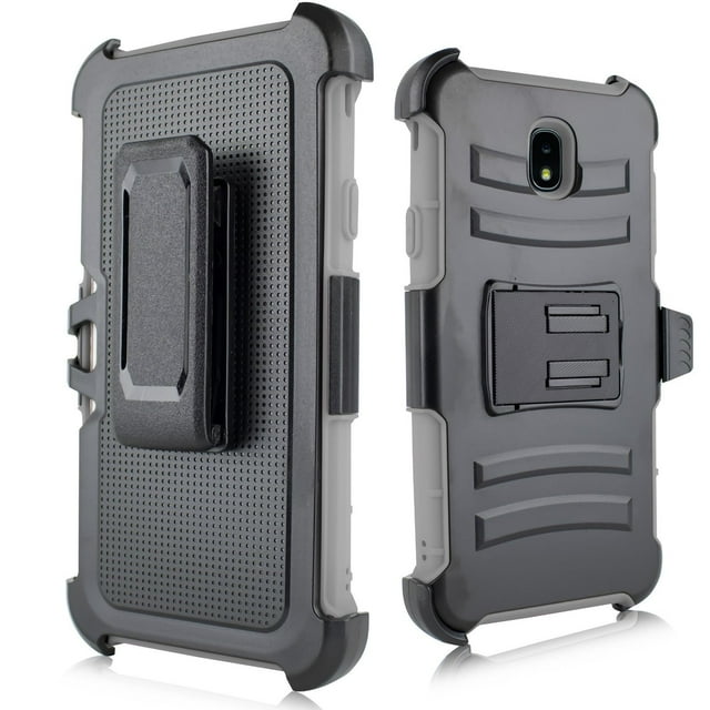 for 5.5" Samsung Galaxy J7 (2018) Belt Clip Holster Kickstands Hybrid Hard Back Slim Design Shockproof Heavy Duty Rubber Armor Bumper Protective TPU PC Combo Phone Case Gray