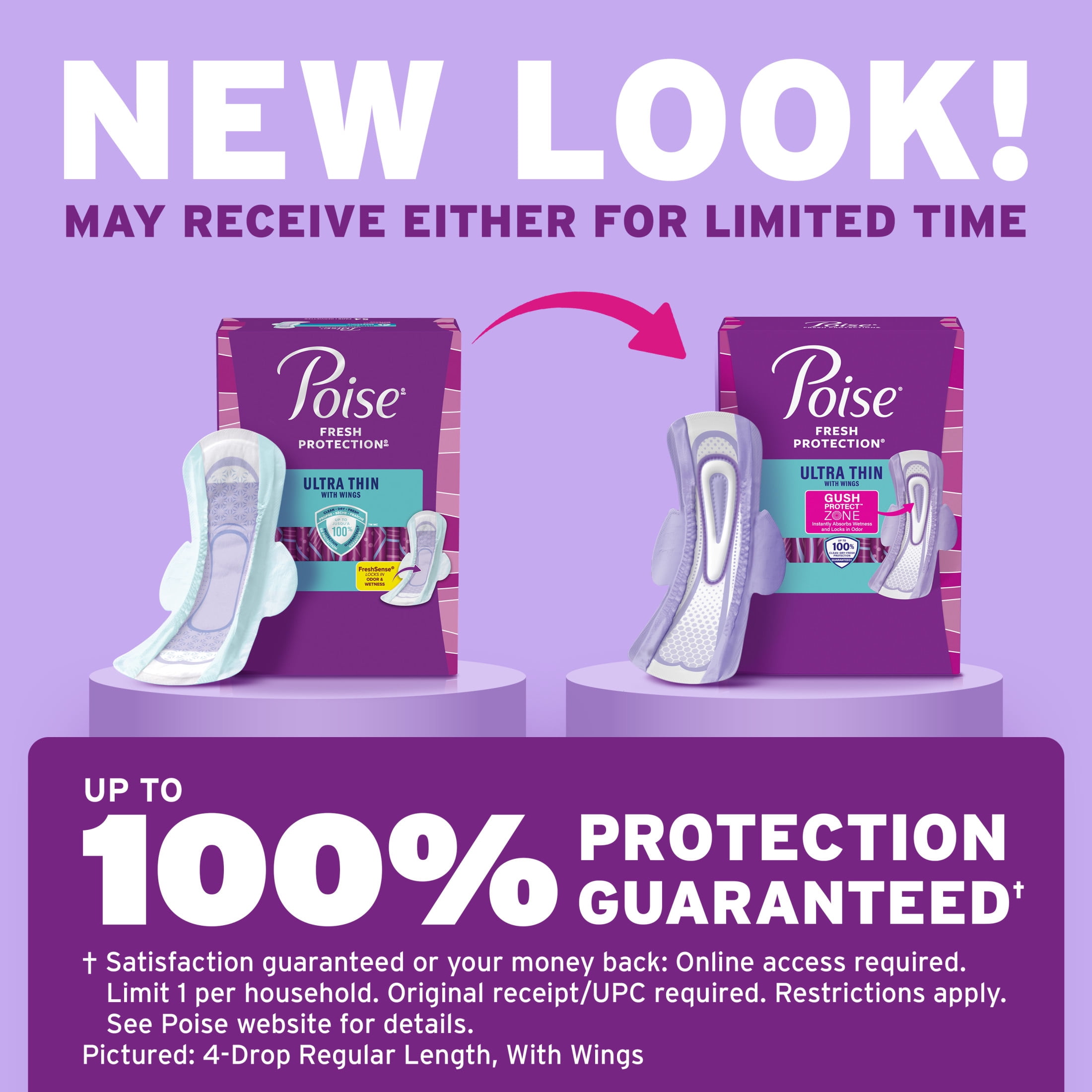 (4 pack) Poise Ultra Thin Incontinence Pads with Wings, 3 Drop Light Absorbency, 66 Count