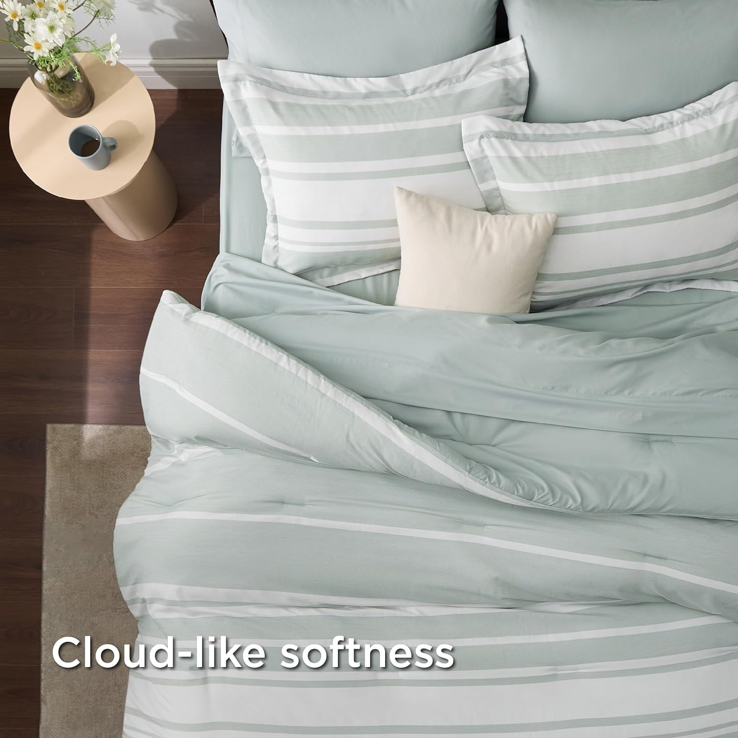 U by Bedsure Full Comforter Set, 7 Pieces Sage Green Striped Bedding Sets All Season, Bed in a Bag with Comforter, Sheets, Pillowcases & Shams