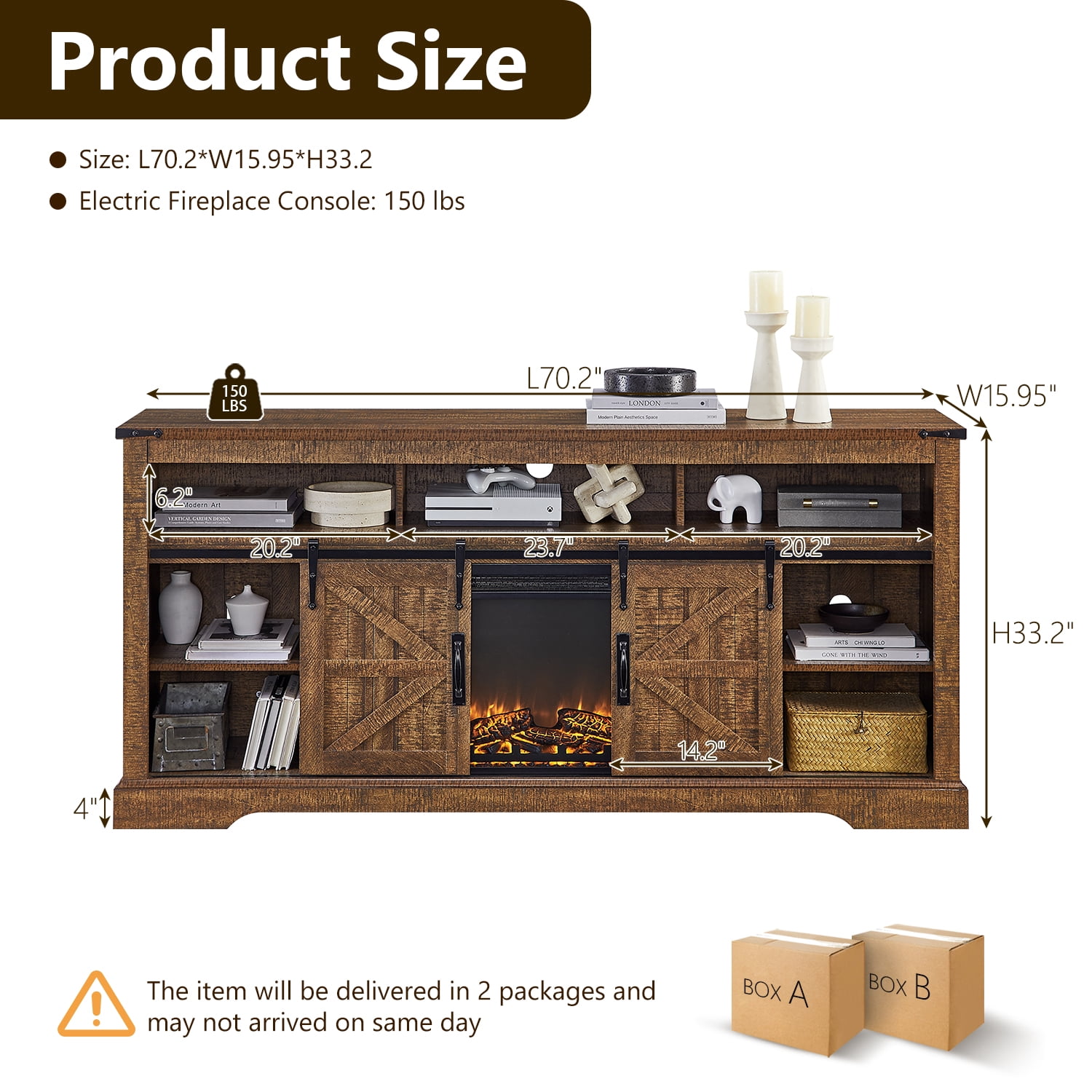 KeyWhat Farmhouse Fireplace TV Stand for TVs up to 80", 37" Electric Fireplace & Barn Door