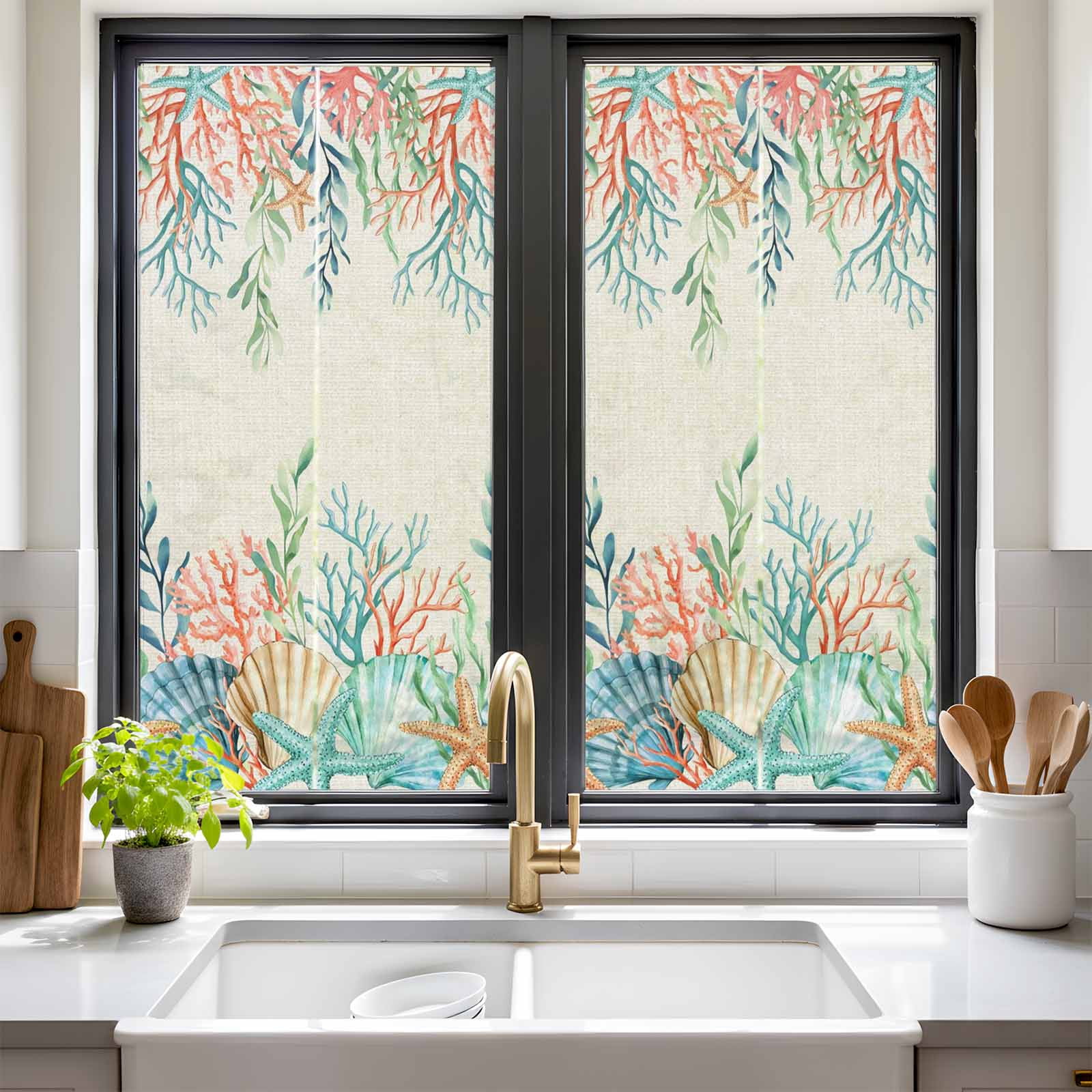 Summer Ocean Window Privacy Film, Watercolor Coastal Coral Shell Seaweed Beige Static Cling UV Sun Blocking Heat Control Window Tint Day and Night, Non-Adhesive One Way Privacy Cover 17.7''x39.3''