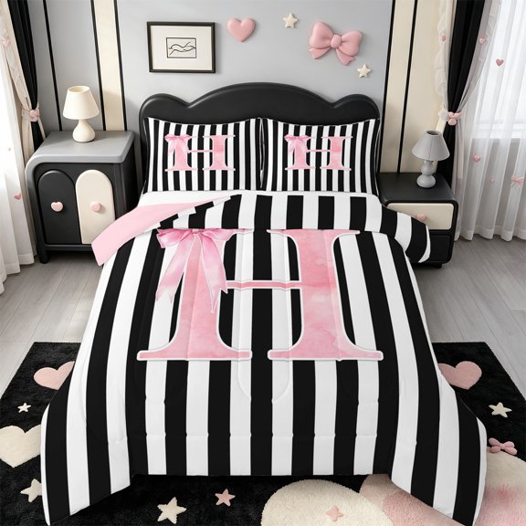 Manfei Minimalist Geometric Lines Full Size Comforter Sets,Initial Alphabet Bedding Comforter Set,Pink Reversible,3 Pieces,1 Comforter and 2 Pillowcases