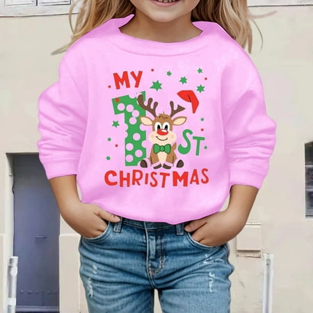 Christmas Print Girls Crewneck Sweatshirt Long Sleeve Casual Pullover Top Soft Fashion Holiday Outerwear For Kids 8-9 Years