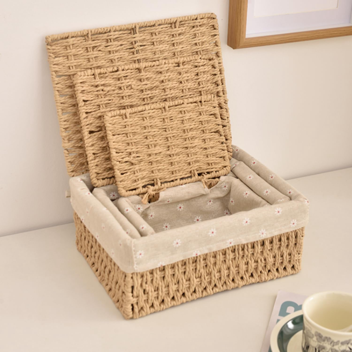 Small Storage Baskets with Lid, Kvago Set of 3 Size Storage Box, Paper Rope Storage Bin with Removable Liner and Metal Frame for Toys Cosmetics Bedroom Closet Desk Organizer (Beige)