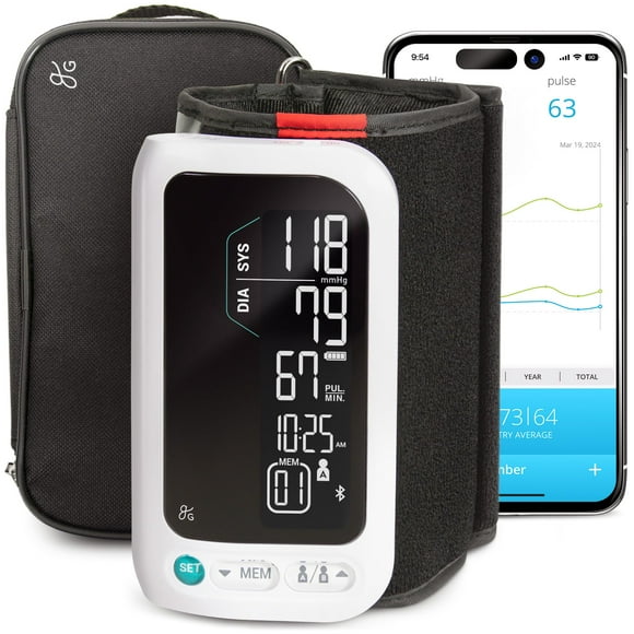 Monitor de presión arterial Bluetooth Greater Goods con brazalete automático para la parte superior del brazo, compatible con aplicaciones iOS y Android