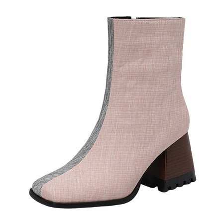 

PMUYBHF Ladies Fabric Square Toe High Heel Patchwork Colorblocking Multi Pattern Mid Calf Large Size Boots Ankle Boots Short Boots 45.98