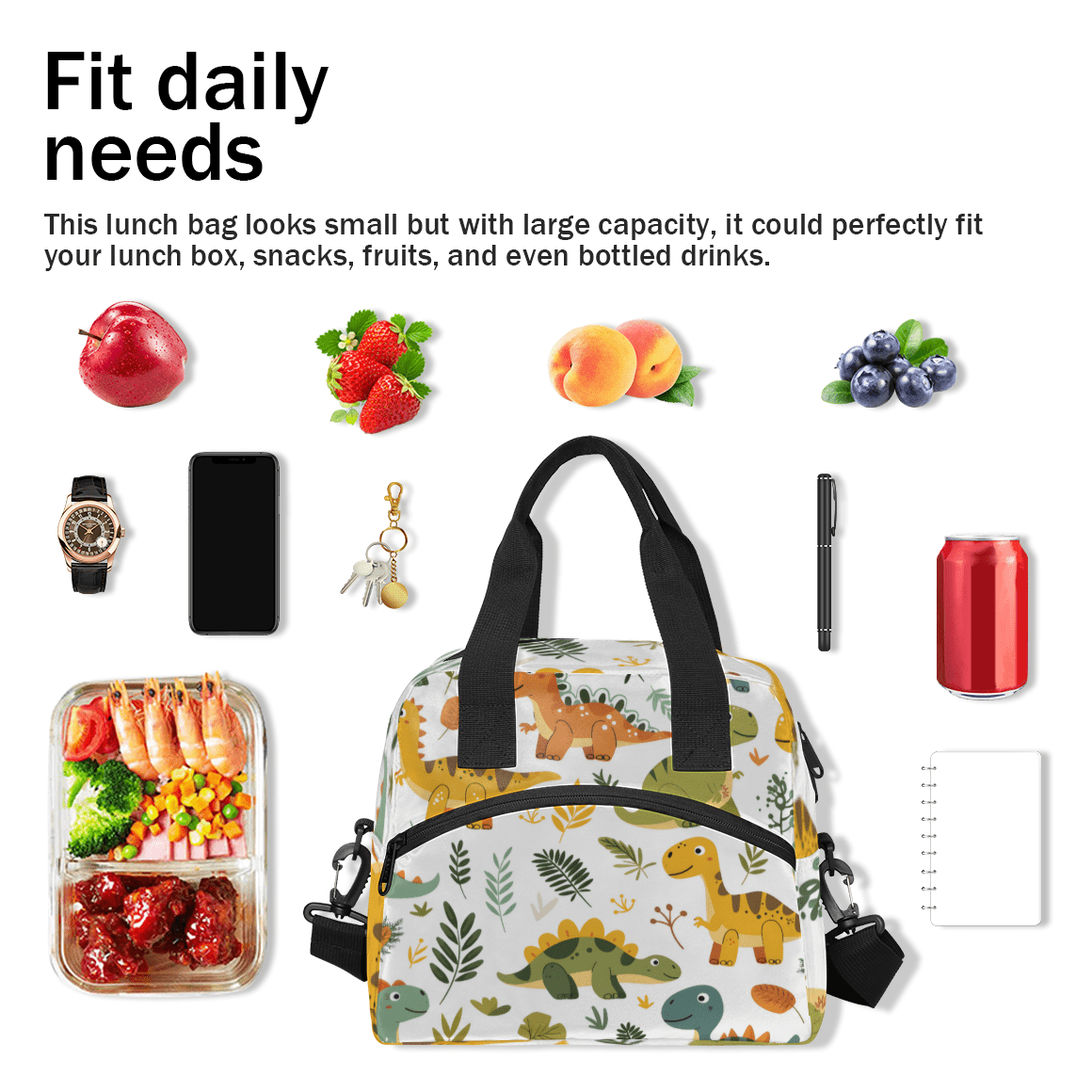 Herdesigns Dinosaur Insulated Lunch Bag for Women Men Adults Large Reusable Lunch Box Cute Dino Leakproof Cooler Tote Bags with Adjustable Shoulder Strap