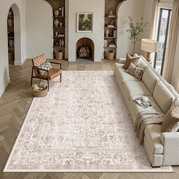 BERTHMEER 9'x12' Large Area Rugs Washable Vintage Rugs for Living Room Farmhouse Dining Room Office Throw Rugs Non-slip, Brown