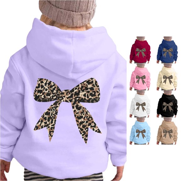 RMGVDSD Girls Hoodie Long Sleeve Leopard Bow Graphic Sweatshirts Kids Cute Pullover Tops Fall Clothes Trendy Hoodies School Wear 7-8 Years