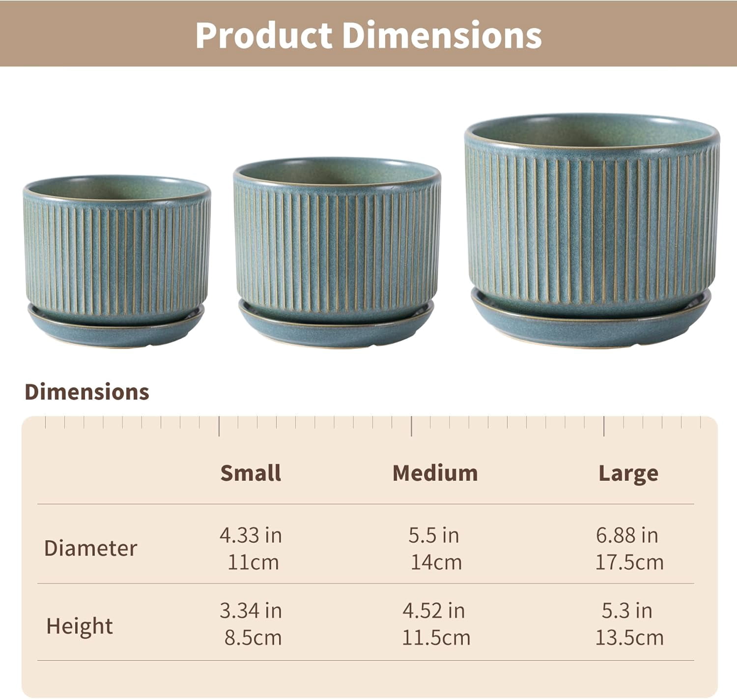 Set of 3 Speckle Gray Ceramic Plant Pots, 4.3+5.5+6.7 Inch with Drainage Hole, Saucer & Hole Pads, Striped Decorative Planter for Indoor Plants and Gardening
