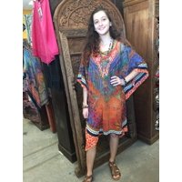 Mogul Womens Kimono Style Caftan Orange Blue Georgette Evening Dress JEWEL PRINT Beachwear Loose Cover Up Kaftan Dresses ONE SIZE