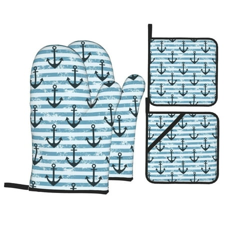 

Oven Mitts and Pot Holders Sets 4 pcs anchor Creative blue lined vintage Non-Slip Oven Gloves Potholders Soft Quilted Lining Heat Resistant Gloves Hot Pads for Kitchen Cooking Baking