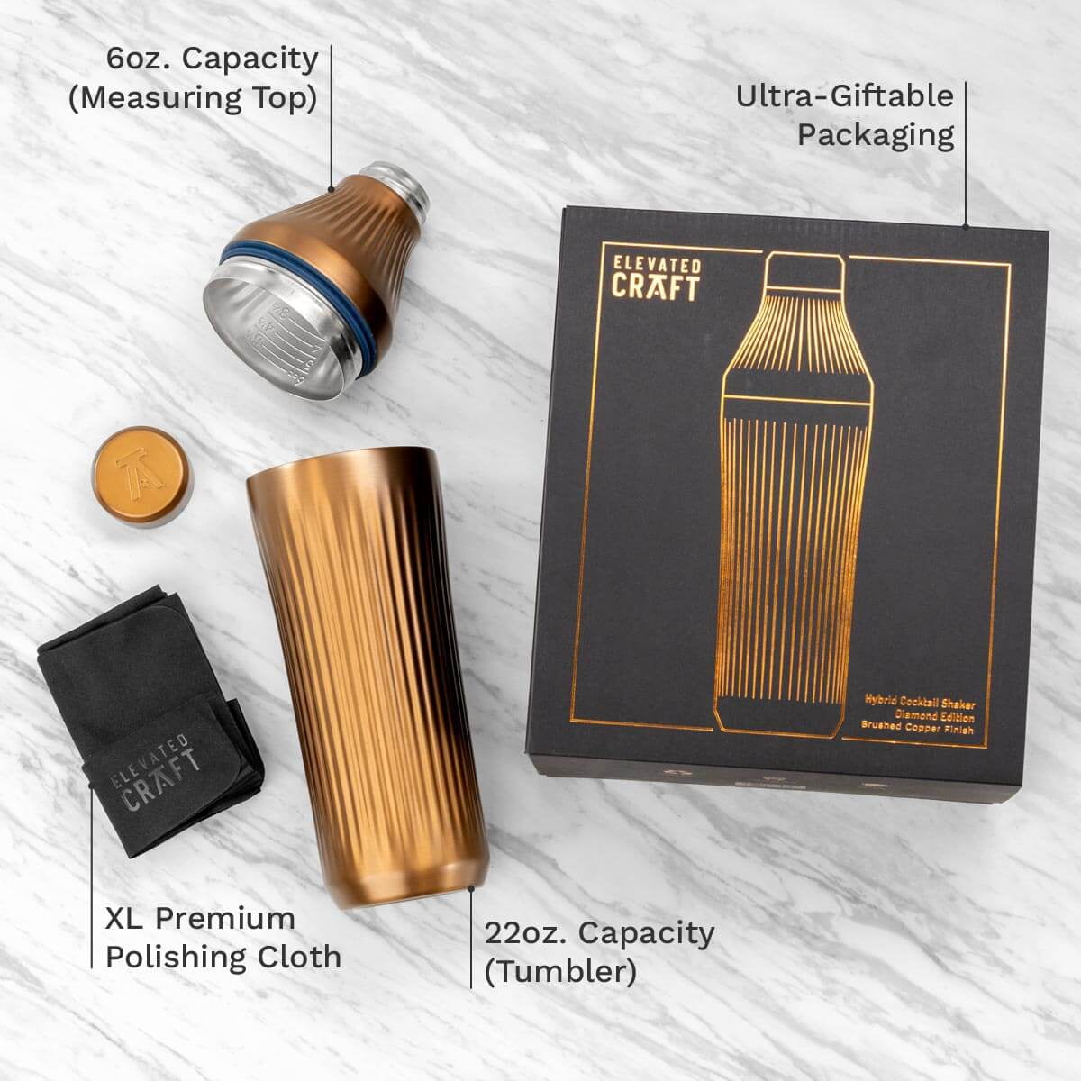 Elevated Craft Diamond Edition Hybrid Cocktail Shaker Set - Premium Vacuum Insulated Brushed Copper, 28 oz, Includes Built-In Strainer, Precise Measuring Top & XL Polishing Cloth - Martini Shaker
