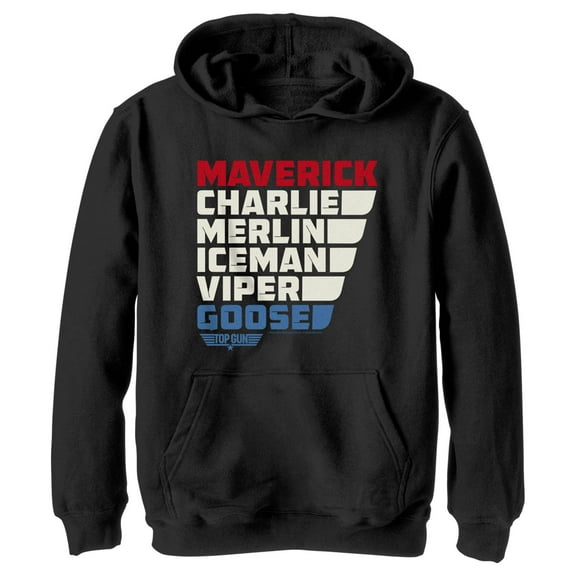 Boy's Top Gun Character Name Stack  Pull Over Hoodie Black Small