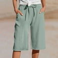 thumbnail image 2 of vigerkar Linen Shorts for Women Drawstring High Waisted Plus Size Shorts Summer Vacation Loose Beach Pants with Pockets Light Green, L, 2 of 8